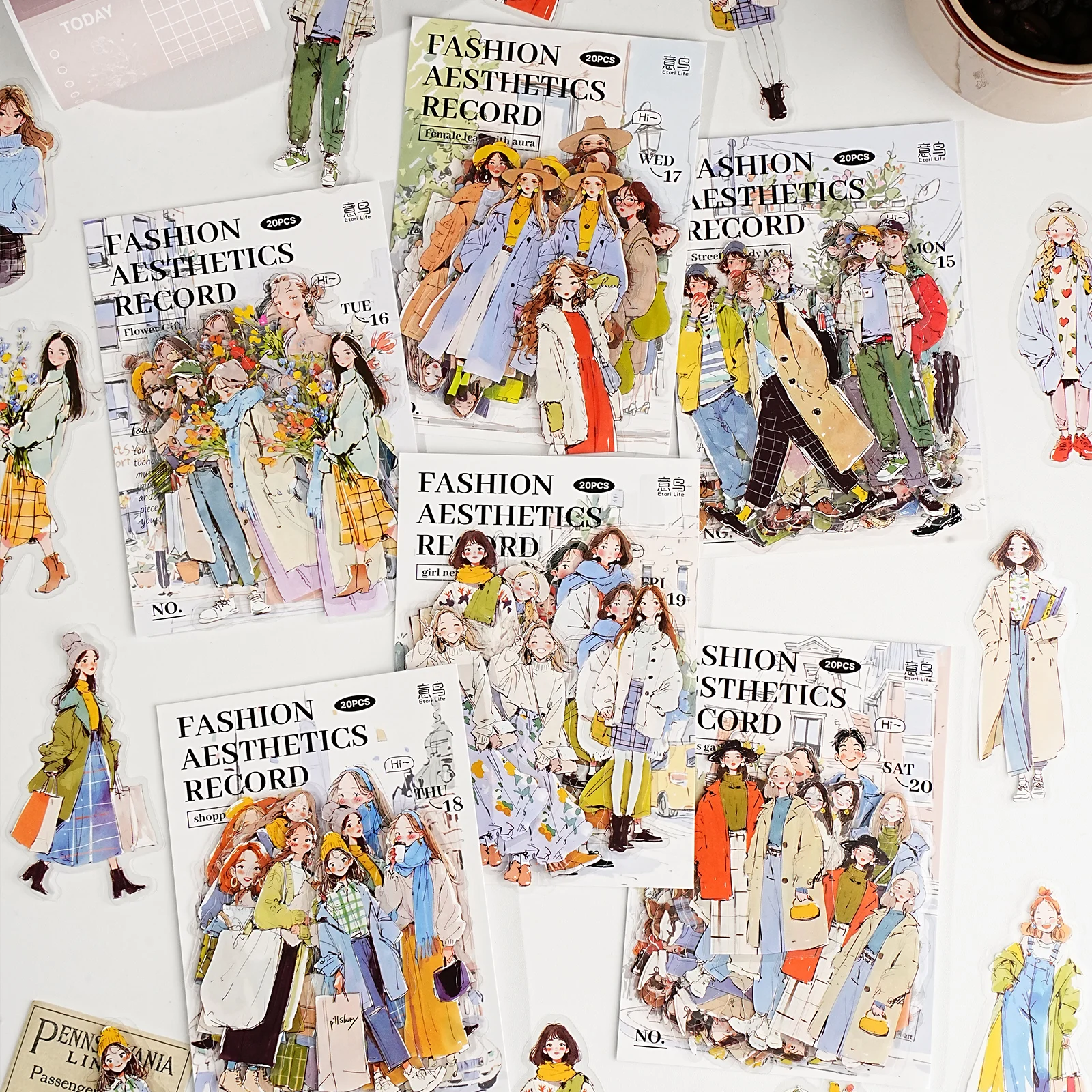 Etori Life Aesthetic Outfit Set Fashion Aesthetic Outfit Illustration Stickers 20Pcs Hand-Drawn Character Daily Outfit Journal Decoration Stickers for Laptop, Phone Case, Photo Album, Handmade Scrapbook Supplies, Children's Gift Paper Bag, DIY Diary, Art Supplies, Party Decoration, Stationery Stickers, Gift for Friends