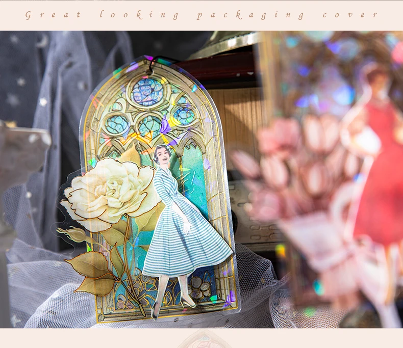 JIAMEI 10pcs/pack Flowers Window Stickers Gold Foil Decor Junk Journal DIY Srapbooking Collage Stationery PET Twinkle Stickers