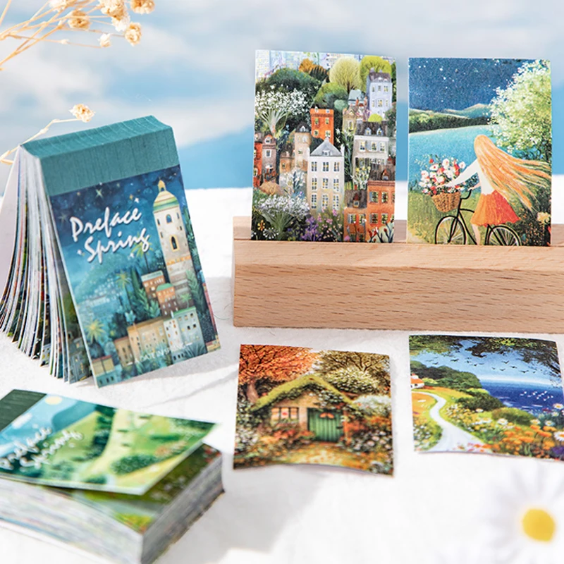 Mr.Paper 50Pcs Prelude to Spring Series Spring Landscape Illustration Memo Pad DIY Journal Scrapbook Collage Decor Craft Supplie
