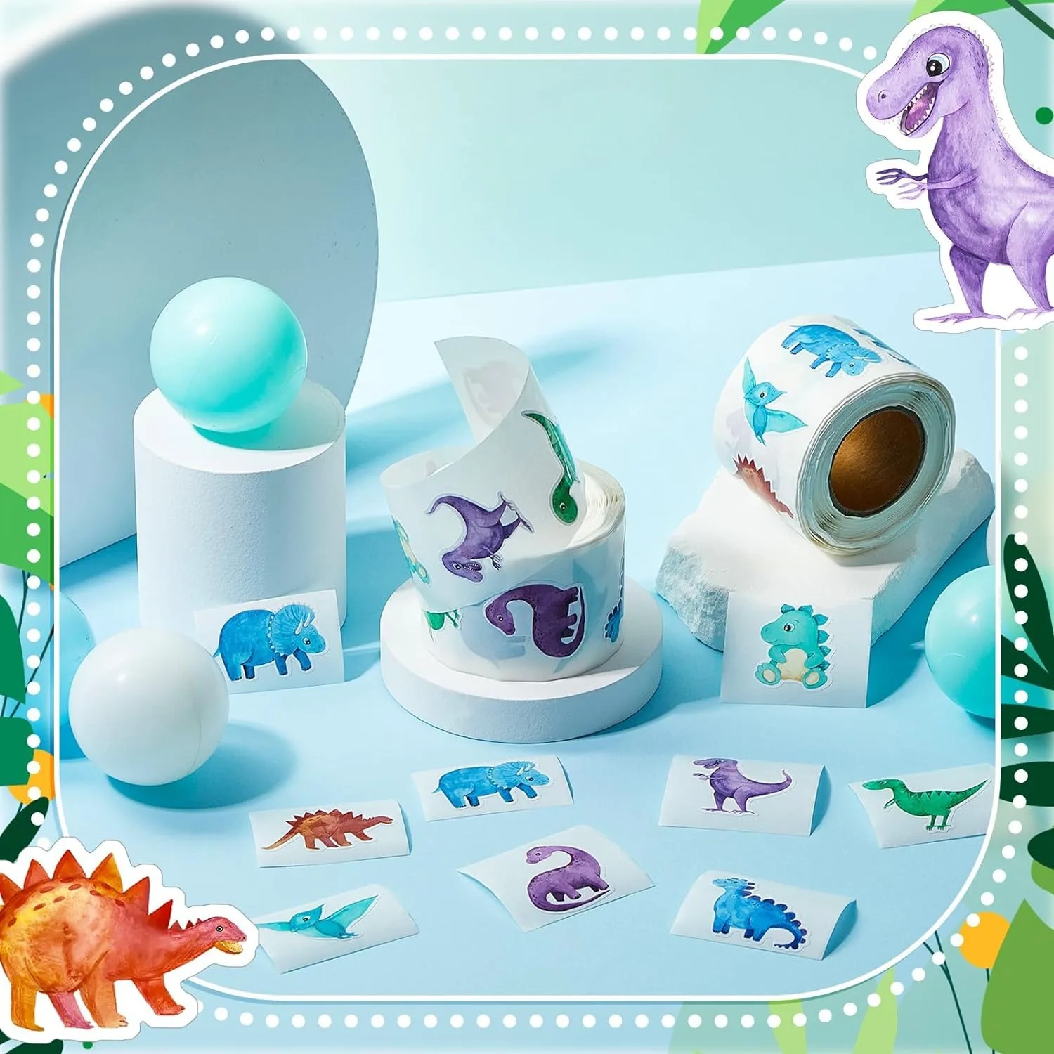 500Pcs /1 Rolls 2.5cm/1inch Dinosaur Animal Anomaly Shaped Sticker Decoration Gift Box Sticker Label Stationery Sticker