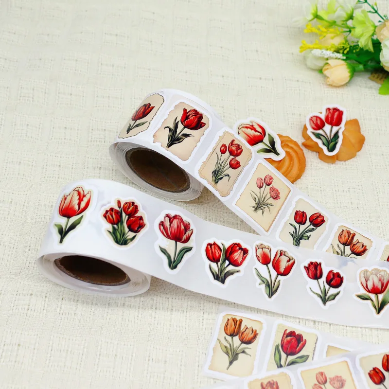 250Pcs/1 Roll Tulip Flowers Beautiful Flowers Sticker Decoration Gift Box Sticker Label Stationery Sticker