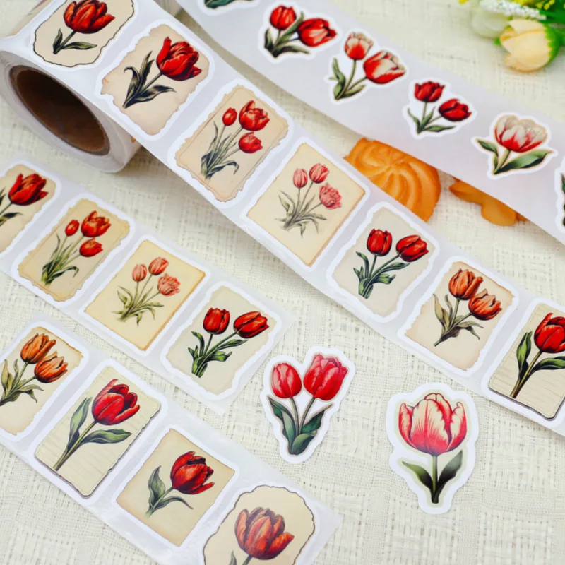 250Pcs/1 Roll Tulip Flowers Beautiful Flowers Sticker Decoration Gift Box Sticker Label Stationery Sticker