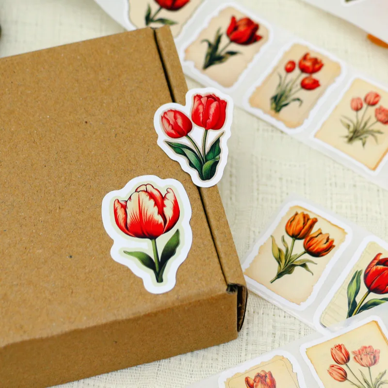 250Pcs/1 Roll Tulip Flowers Beautiful Flowers Sticker Decoration Gift Box Sticker Label Stationery Sticker
