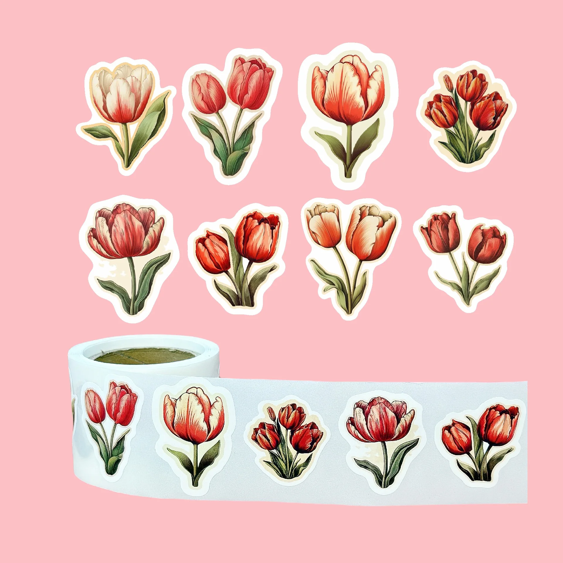 250Pcs/1 Roll Tulip Flowers Beautiful Flowers Sticker Decoration Gift Box Sticker Label Stationery Sticker