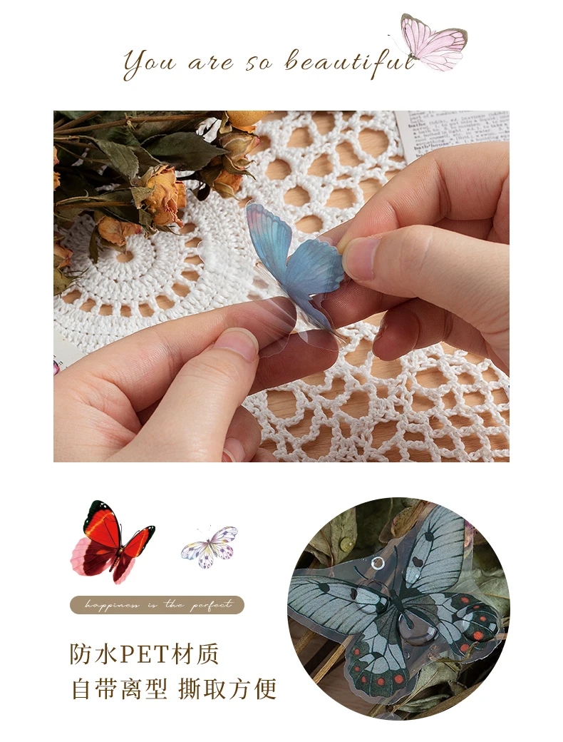 40pcs Variety Butterfly Decorative Waterproof Stickers Cute Aesthetics Sticker DIY Scrapbooking Aesth Decor Sticker Stationery