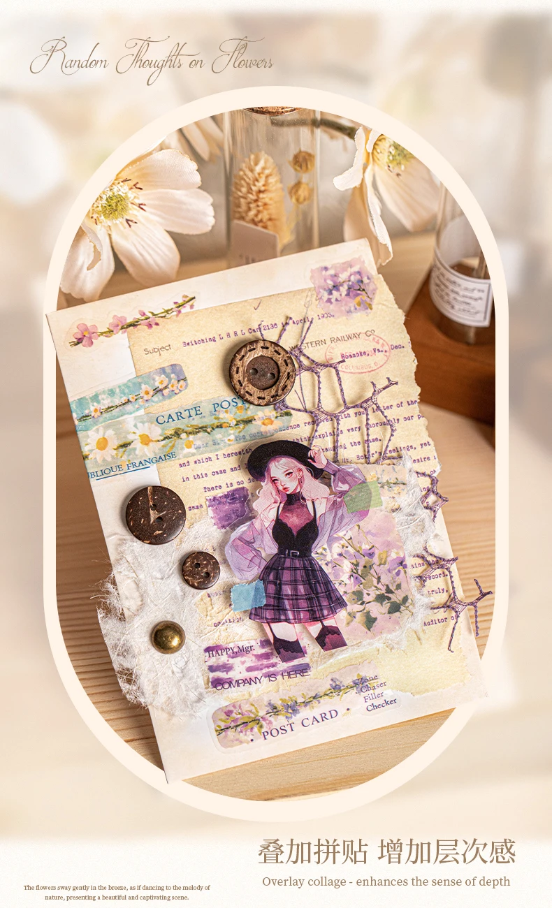 Journal GO 5x200cm Aesthetics Flower Cluster Tape Stickers for Collage Junk Journal Scrapbooking Decoration Masking Tape Decals