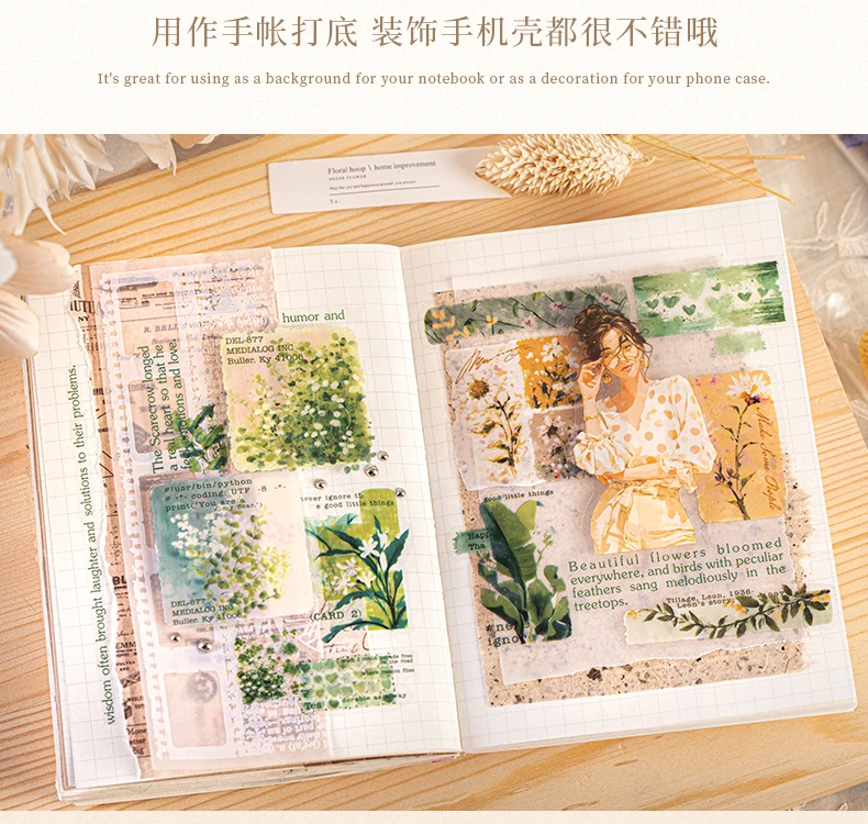 Journal GO 5x200cm Aesthetics Flower Cluster Tape Stickers for Collage Junk Journal Scrapbooking Decoration Masking Tape Decals