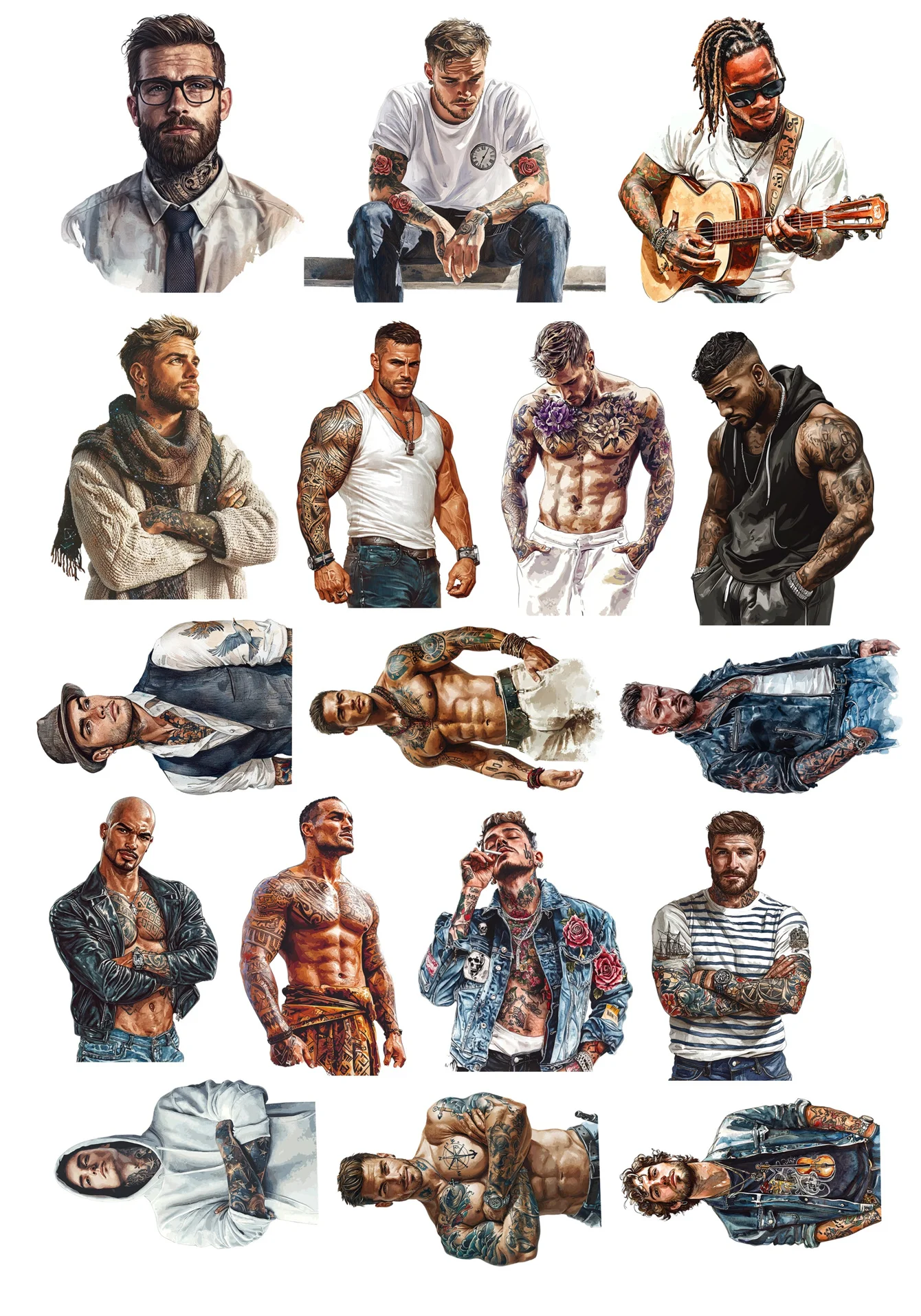 17pcs Cute Watercolor Cute Tattooed Man Stickers For Waterproof Bike Phone Book Travel Luggage Funny Sticker Decals