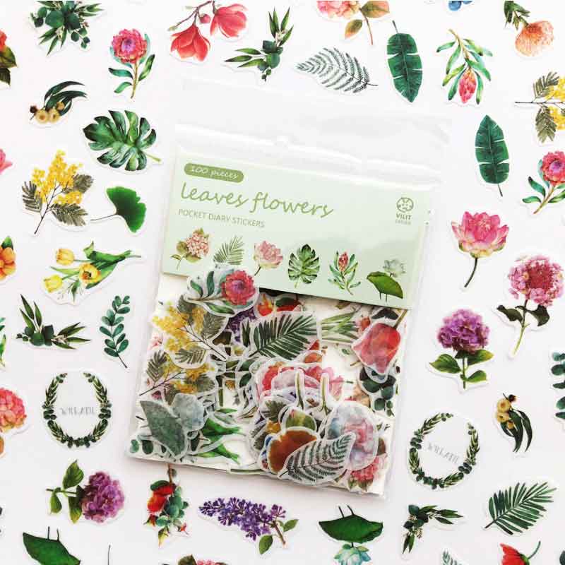 100pcs/pack Cute Kawaii Cat Green Plant Stickers Journal Decorative Stickers Scrapbooking Diary Stationery Album Girls Stickers