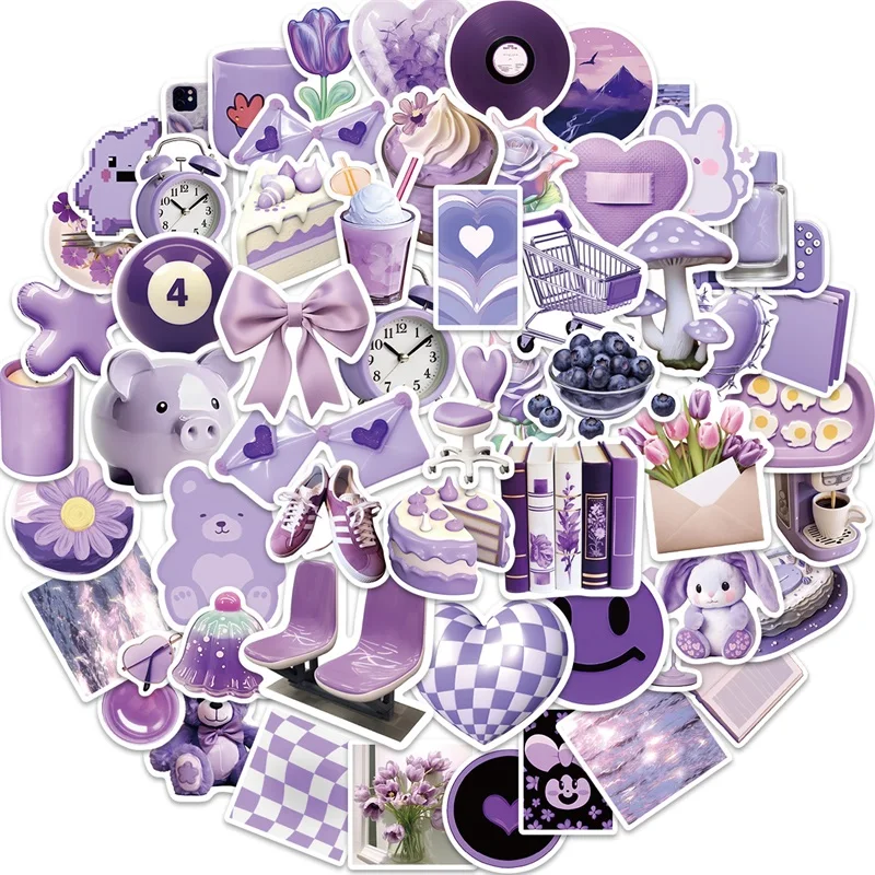 10/30/56PCS Cartoon Purple PVC Sticker Aesthetic Korean Decoration Scrapbooking Stationery School Supplies