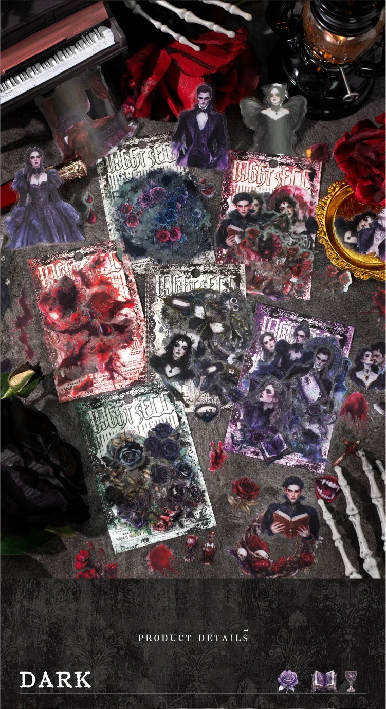 JIANWU Night Falls Series Vintage Dark Flower Character Landscape Material Collage PET Sticker Creative DIY Journal Stationery