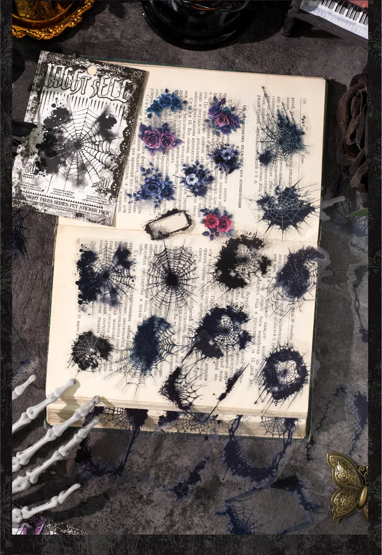 JIANWU Night Falls Series Vintage Dark Flower Character Landscape Material Collage PET Sticker Creative DIY Journal Stationery