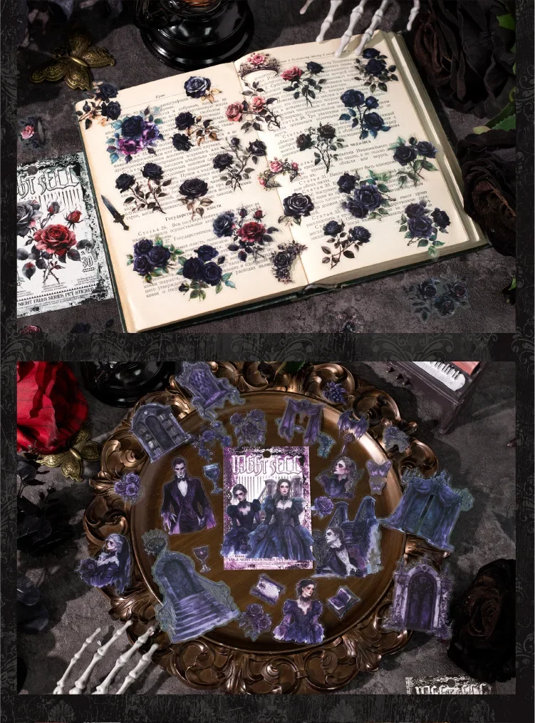 JIANWU Night Falls Series Vintage Dark Flower Character Landscape Material Collage PET Sticker Creative DIY Journal Stationery