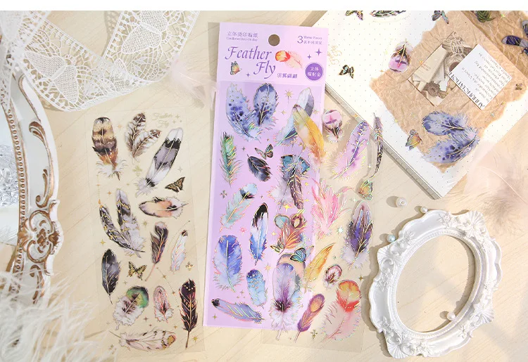 3pcs Kawaii Feather Dragonfly Bird Jellyfish Decorative Stickers Pack Scrapbooking Material Label Diary Phone Journal Planner