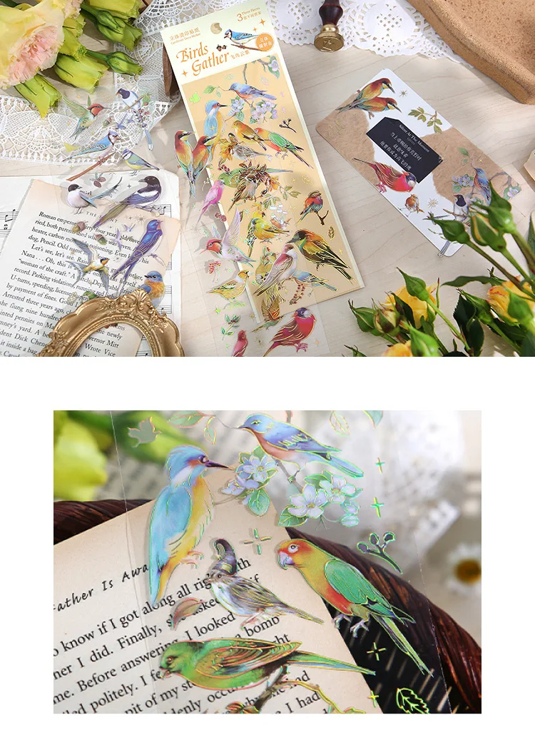 3pcs Kawaii Feather Dragonfly Bird Jellyfish Decorative Stickers Pack Scrapbooking Material Label Diary Phone Journal Planner