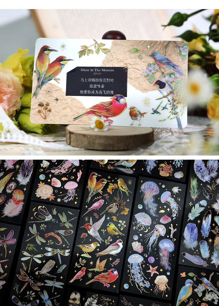 3pcs Kawaii Feather Dragonfly Bird Jellyfish Decorative Stickers Pack Scrapbooking Material Label Diary Phone Journal Planner