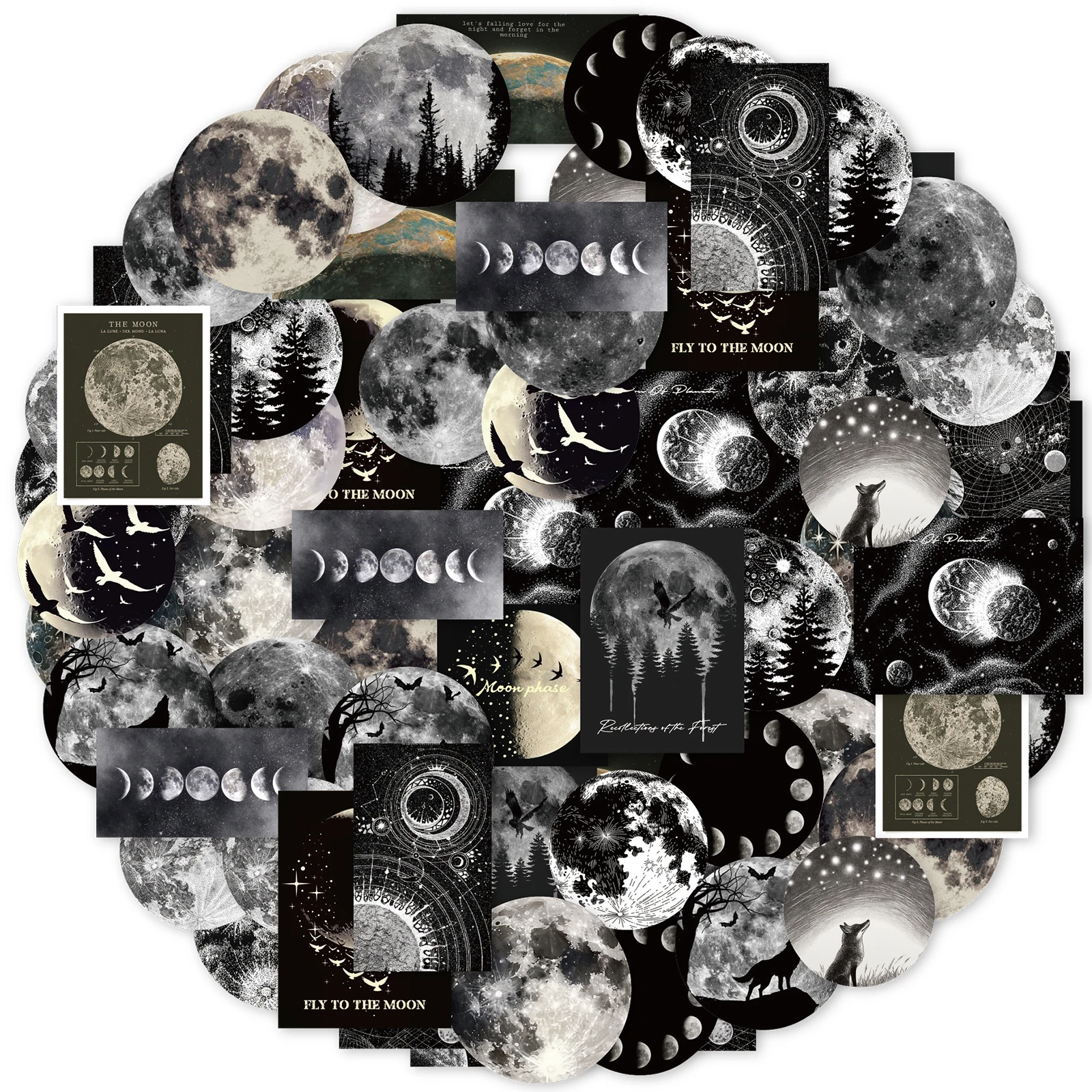 50pcs (25x2) of Black Moon and Lunar Eclipse Scene Stickers for Photo Album, Notebook, Water Bottle and Suitcase Stickers