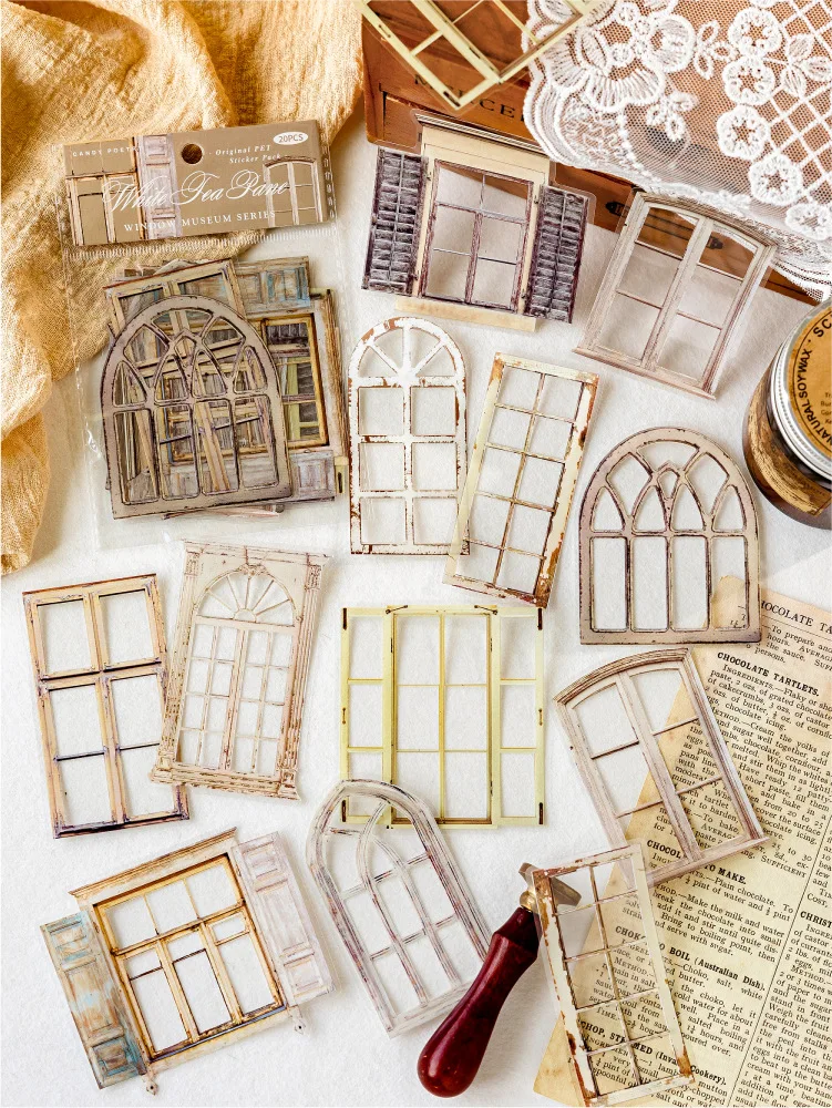 20pcs/1lot Kawaii Scrapbook Stickers Window Museum Junk Journal Gold Planner Stationery Sticker Planner Decorative