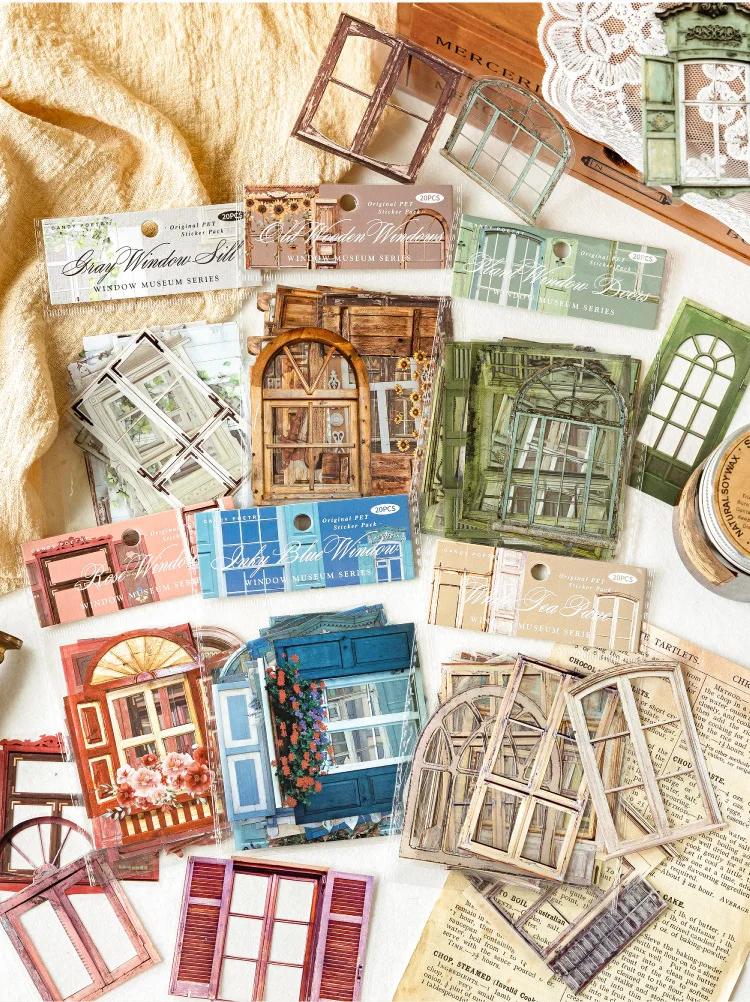 20pcs/1lot Kawaii Scrapbook Stickers Window Museum Junk Journal Gold Planner Stationery Sticker Planner Decorative
