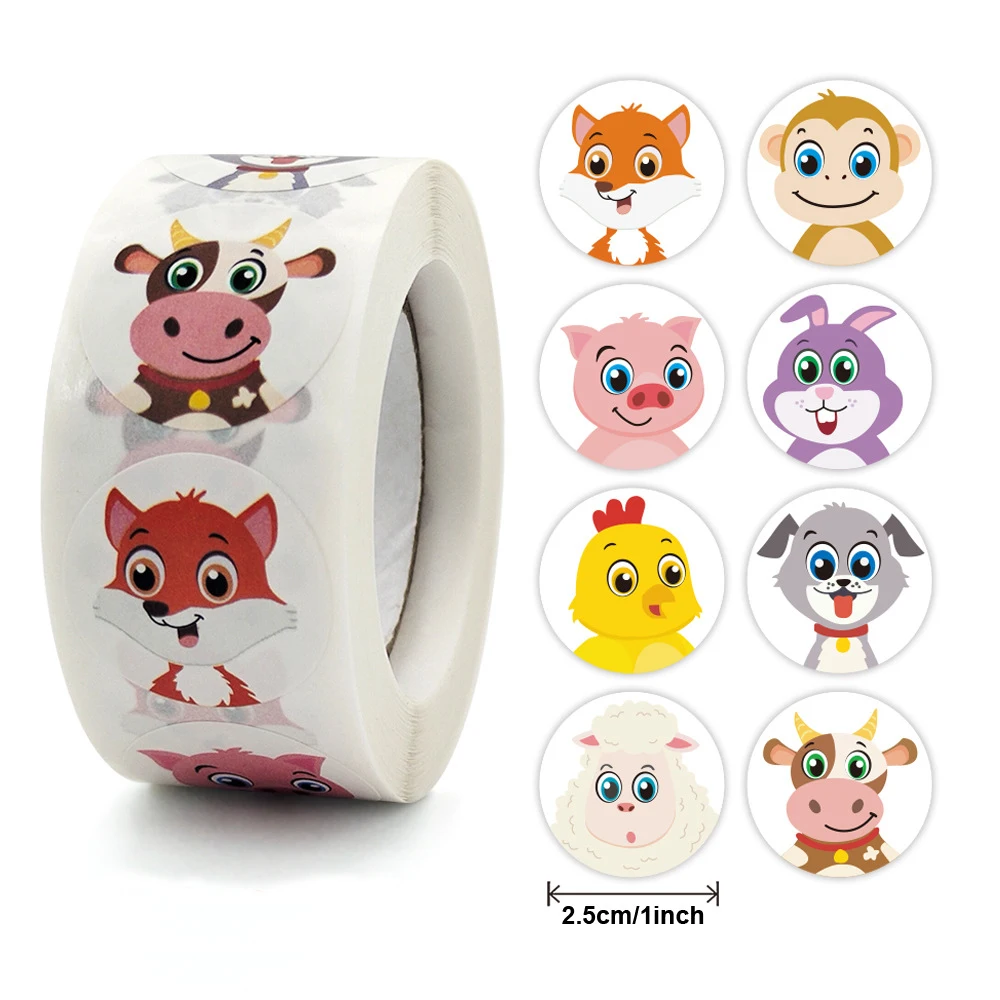 100-500Pcs Round Animal Stickers,16 Designs Animal Cartoon Teacher Reward Stickers for Kids, Party Decor Sticker for School Home