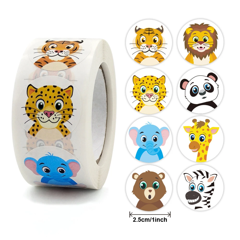 100-500Pcs Round Animal Stickers,16 Designs Animal Cartoon Teacher Reward Stickers for Kids, Party Decor Sticker for School Home