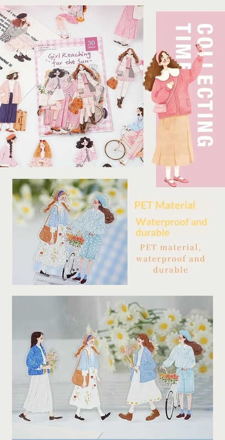 JIANWU Sunward Growth Series Vintage Girl Character Landscape Material Collage PET Sticker Creative DIY Journal Stationery