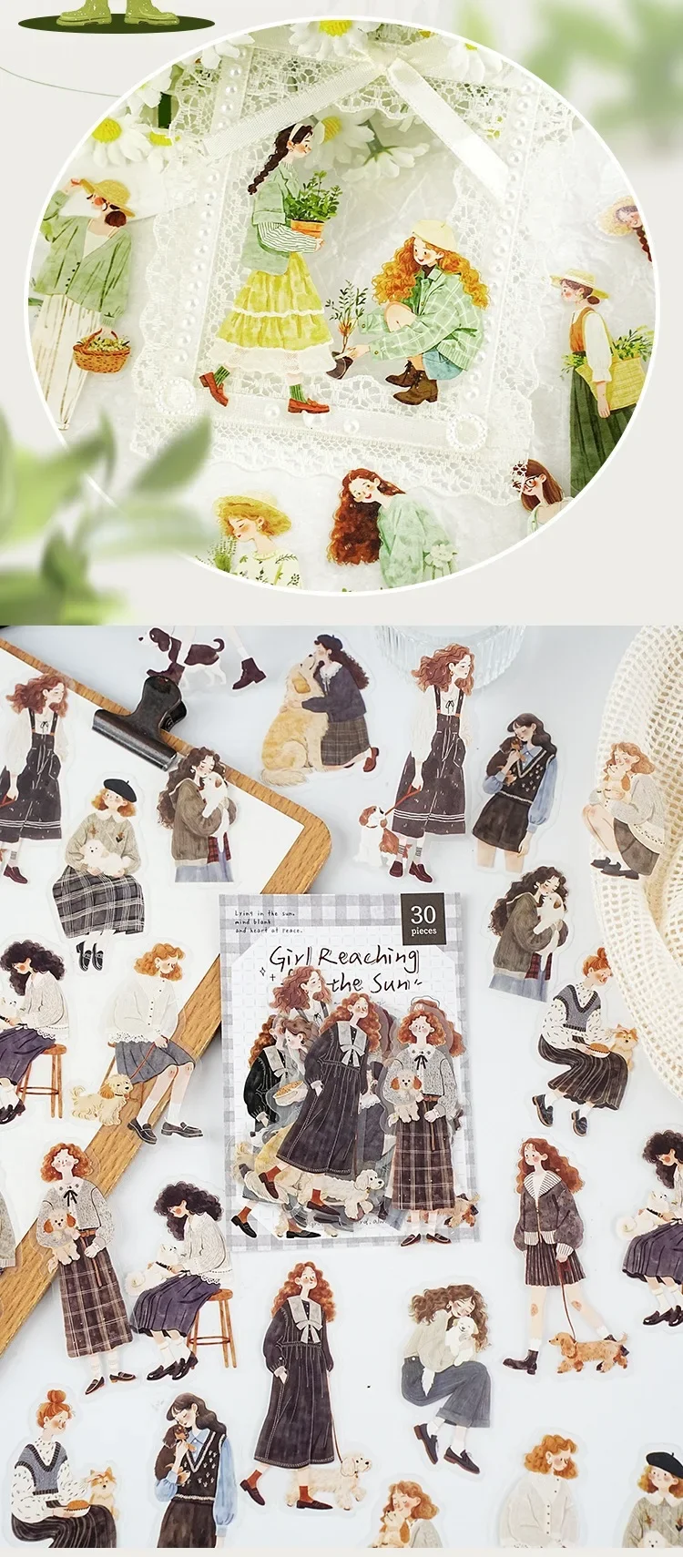 JIANWU Sunward Growth Series Vintage Girl Character Landscape Material Collage PET Sticker Creative DIY Journal Stationery