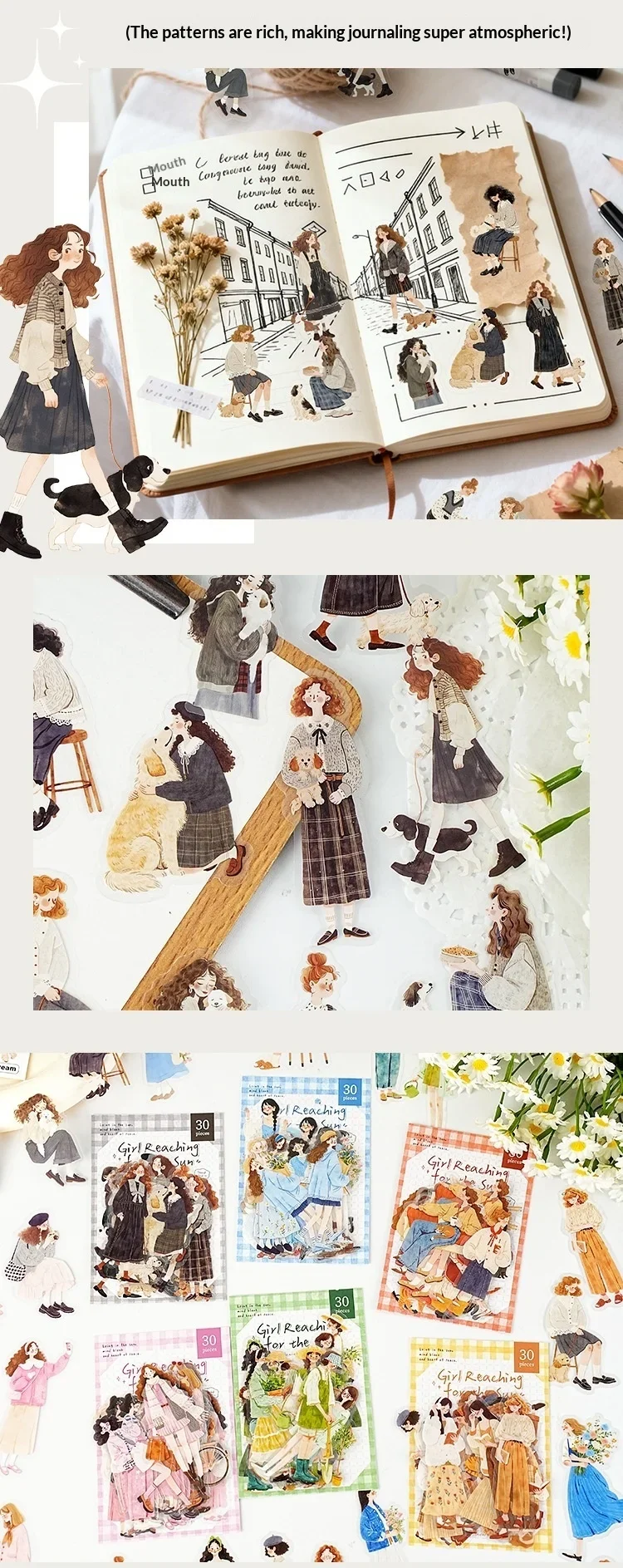 JIANWU Sunward Growth Series Vintage Girl Character Landscape Material Collage PET Sticker Creative DIY Journal Stationery