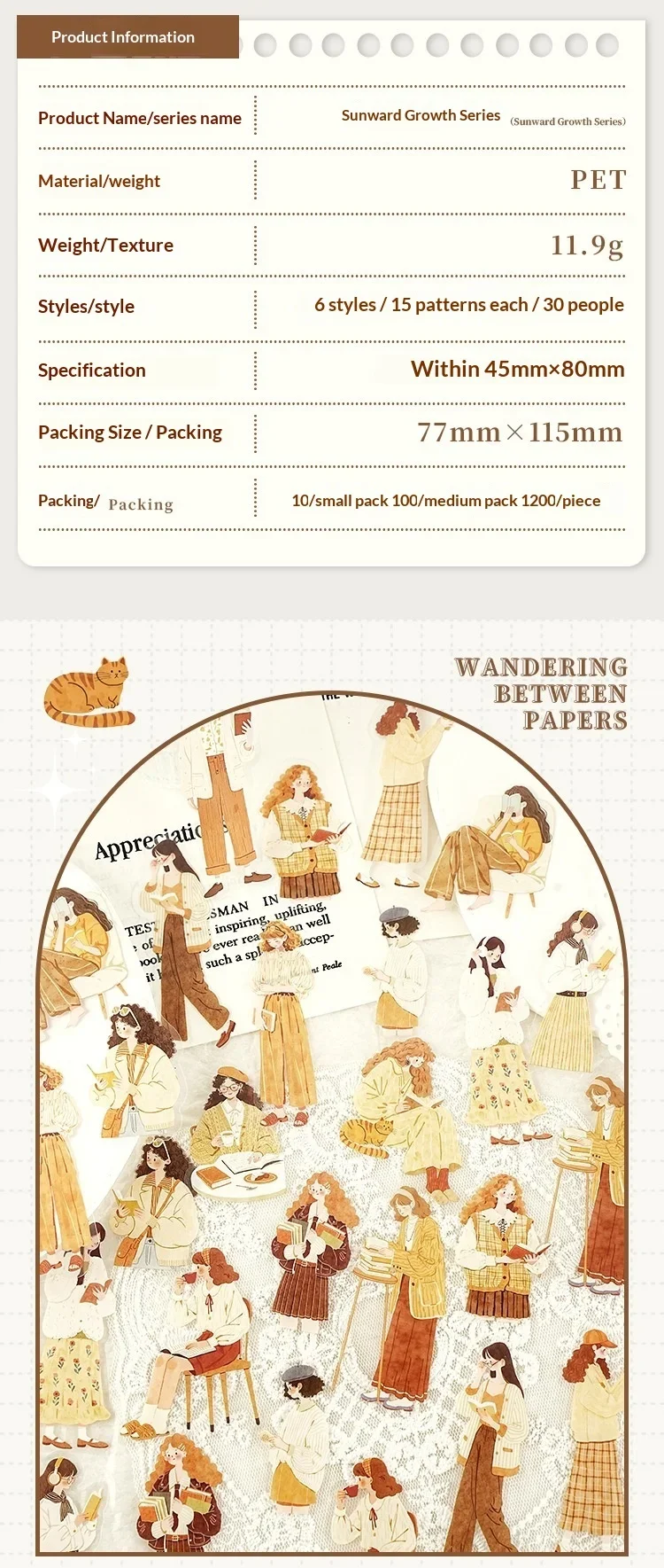 JIANWU Sunward Growth Series Vintage Girl Character Landscape Material Collage PET Sticker Creative DIY Journal Stationery