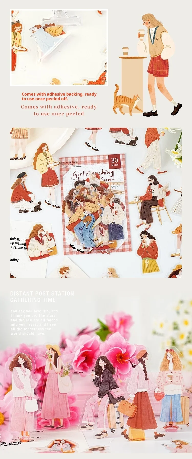 JIANWU Sunward Growth Series Vintage Girl Character Landscape Material Collage PET Sticker Creative DIY Journal Stationery
