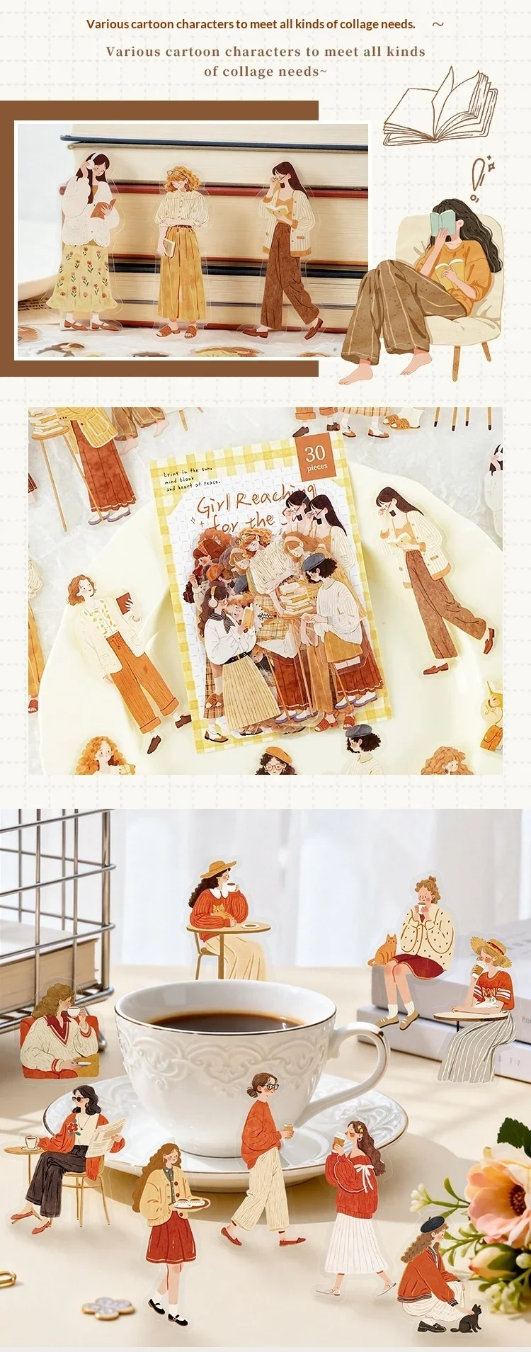 JIANWU Sunward Growth Series Vintage Girl Character Landscape Material Collage PET Sticker Creative DIY Journal Stationery