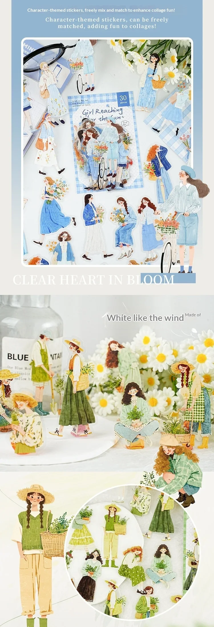 JIANWU Sunward Growth Series Vintage Girl Character Landscape Material Collage PET Sticker Creative DIY Journal Stationery