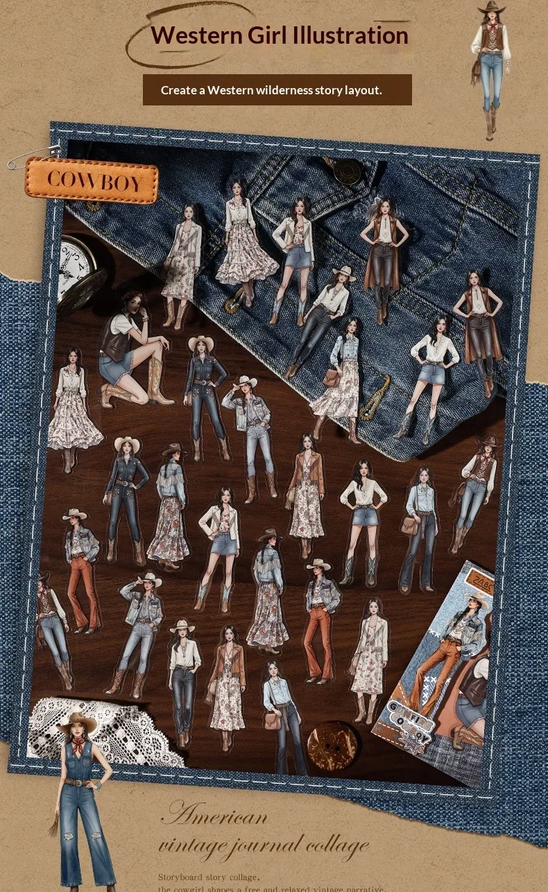 JIANWU Vintage Western Cowboy Character Landscape Material Collage Scrapbooking PET Sticker Creative DIY Journal Stationery