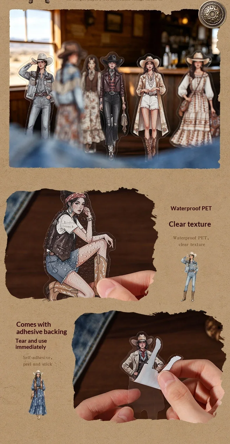 JIANWU Vintage Western Cowboy Character Landscape Material Collage Scrapbooking PET Sticker Creative DIY Journal Stationery