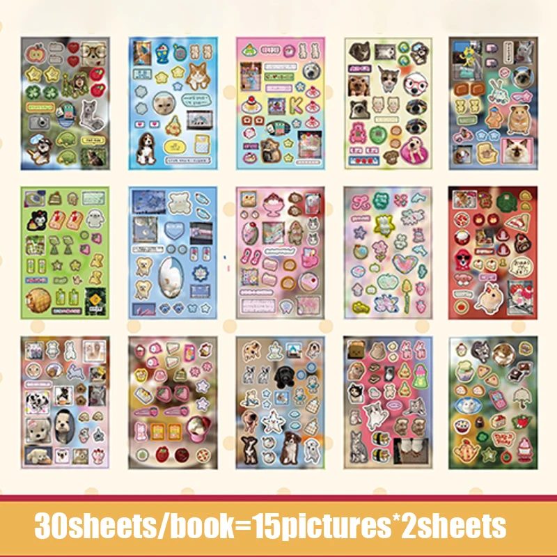 Mr. Paper 30pcs Vintage Style Pet Food Theme Sticker Book,Starry Lamination & Full Die-Cut Craft, Self-Adhesive Journal Supplies