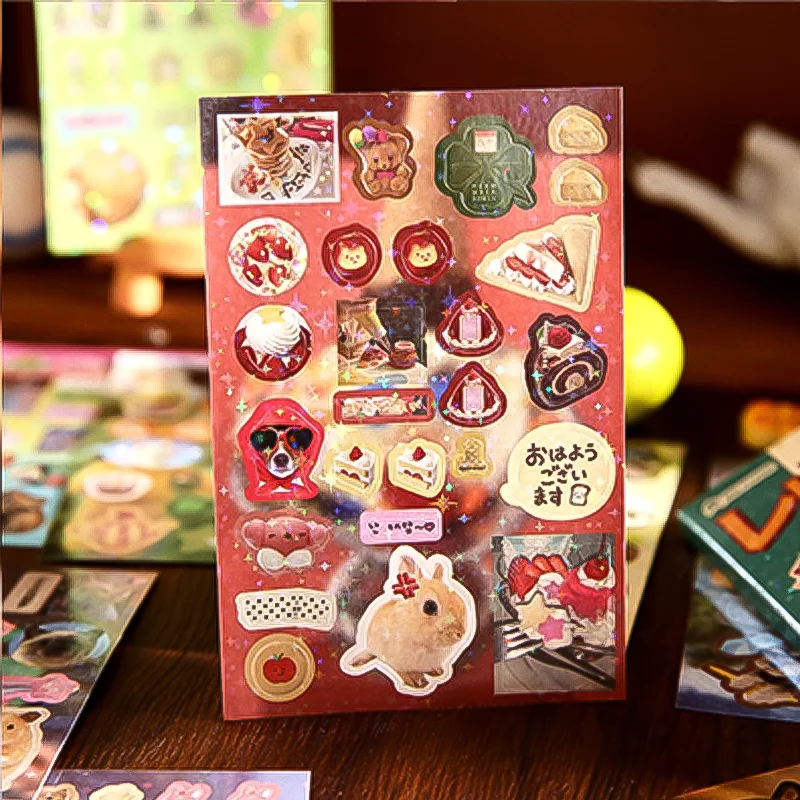 Mr. Paper 30pcs Vintage Style Pet Food Theme Sticker Book,Starry Lamination & Full Die-Cut Craft, Self-Adhesive Journal Supplies