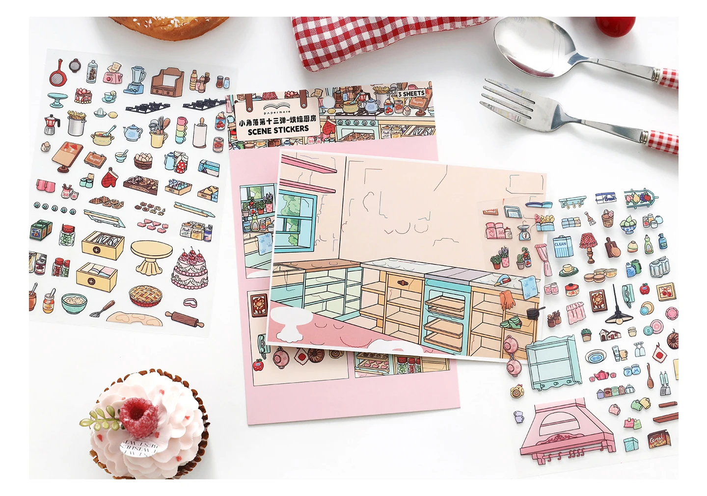 TIANZI Cartoon 3D Miniature Scene Stickers Set DIY Handcraft Cabin Landscape Pasting Stationery Cute Miniature Scene 3/12 Pcs