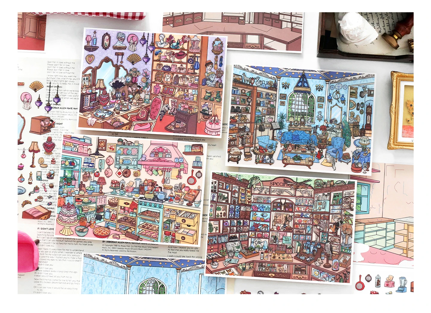 TIANZI Cartoon 3D Miniature Scene Stickers Set DIY Handcraft Cabin Landscape Pasting Stationery Cute Miniature Scene 3/12 Pcs
