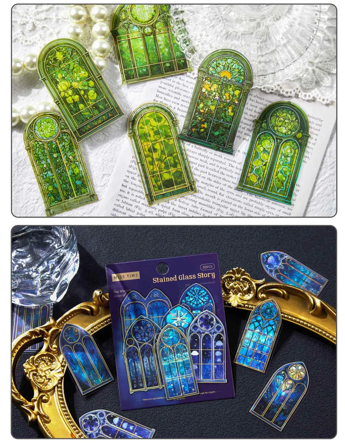 30pcs/1lot Kawaii Scrapbook Stickers The Tale of Color Windows Junk Journal Gold Planner Stationery Sticker Planner Decorative