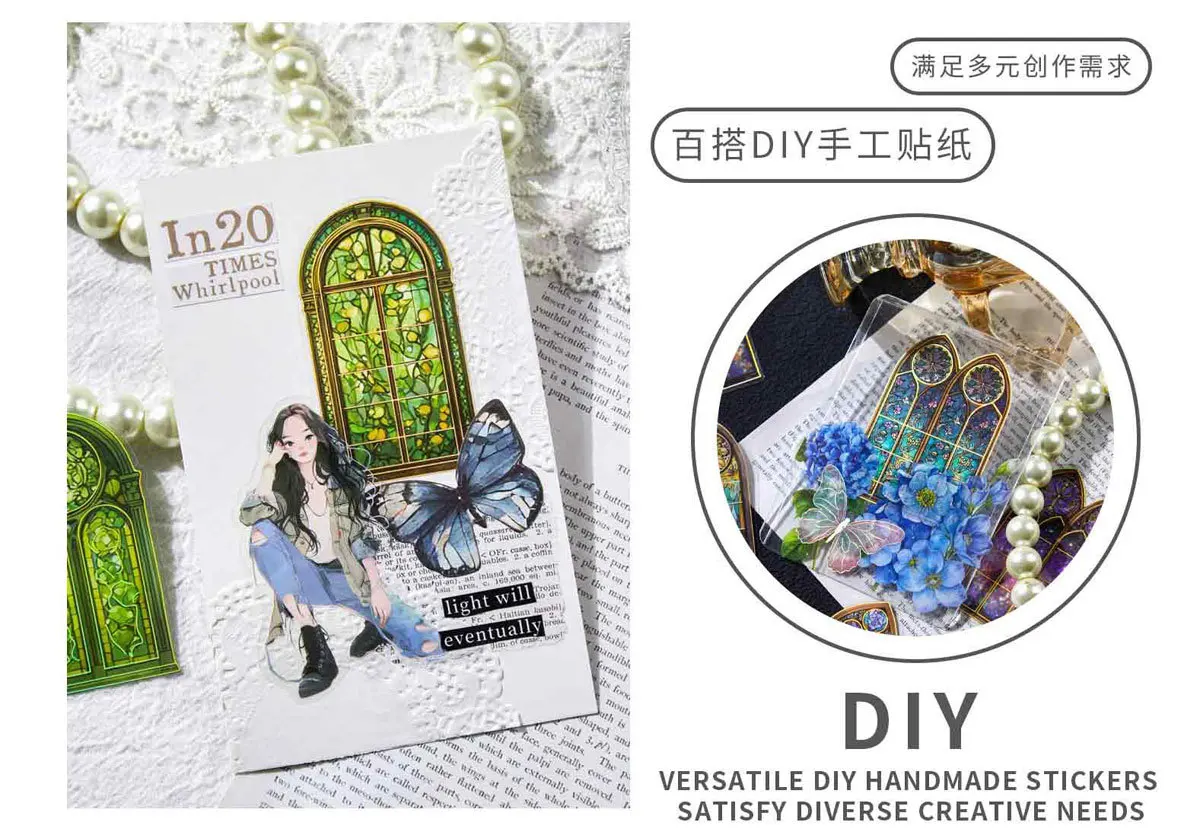 30pcs/1lot Kawaii Scrapbook Stickers The Tale of Color Windows Junk Journal Gold Planner Stationery Sticker Planner Decorative
