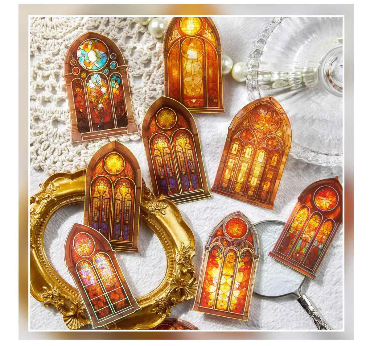 30pcs/1lot Kawaii Scrapbook Stickers The Tale of Color Windows Junk Journal Gold Planner Stationery Sticker Planner Decorative