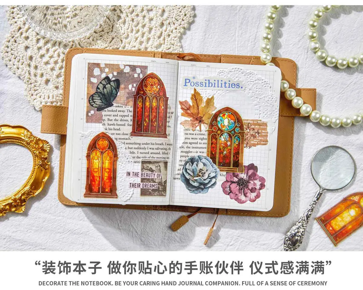30pcs/1lot Kawaii Scrapbook Stickers The Tale of Color Windows Junk Journal Gold Planner Stationery Sticker Planner Decorative