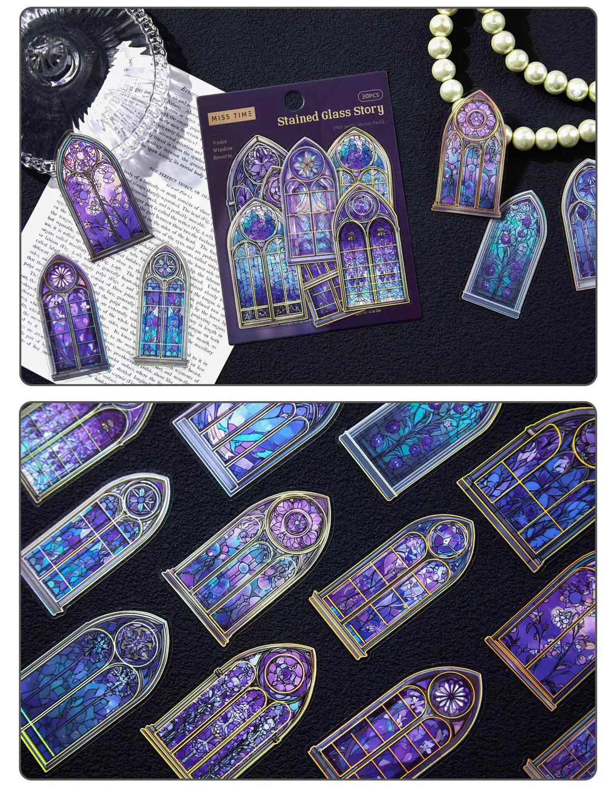 30pcs/1lot Kawaii Scrapbook Stickers The Tale of Color Windows Junk Journal Gold Planner Stationery Sticker Planner Decorative