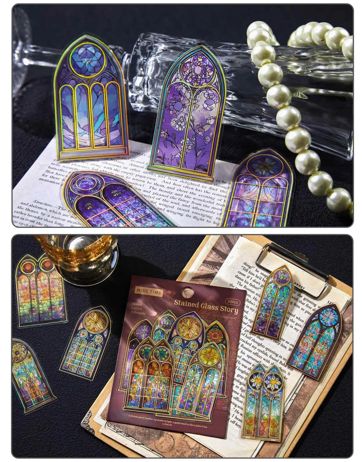 30pcs/1lot Kawaii Scrapbook Stickers The Tale of Color Windows Junk Journal Gold Planner Stationery Sticker Planner Decorative