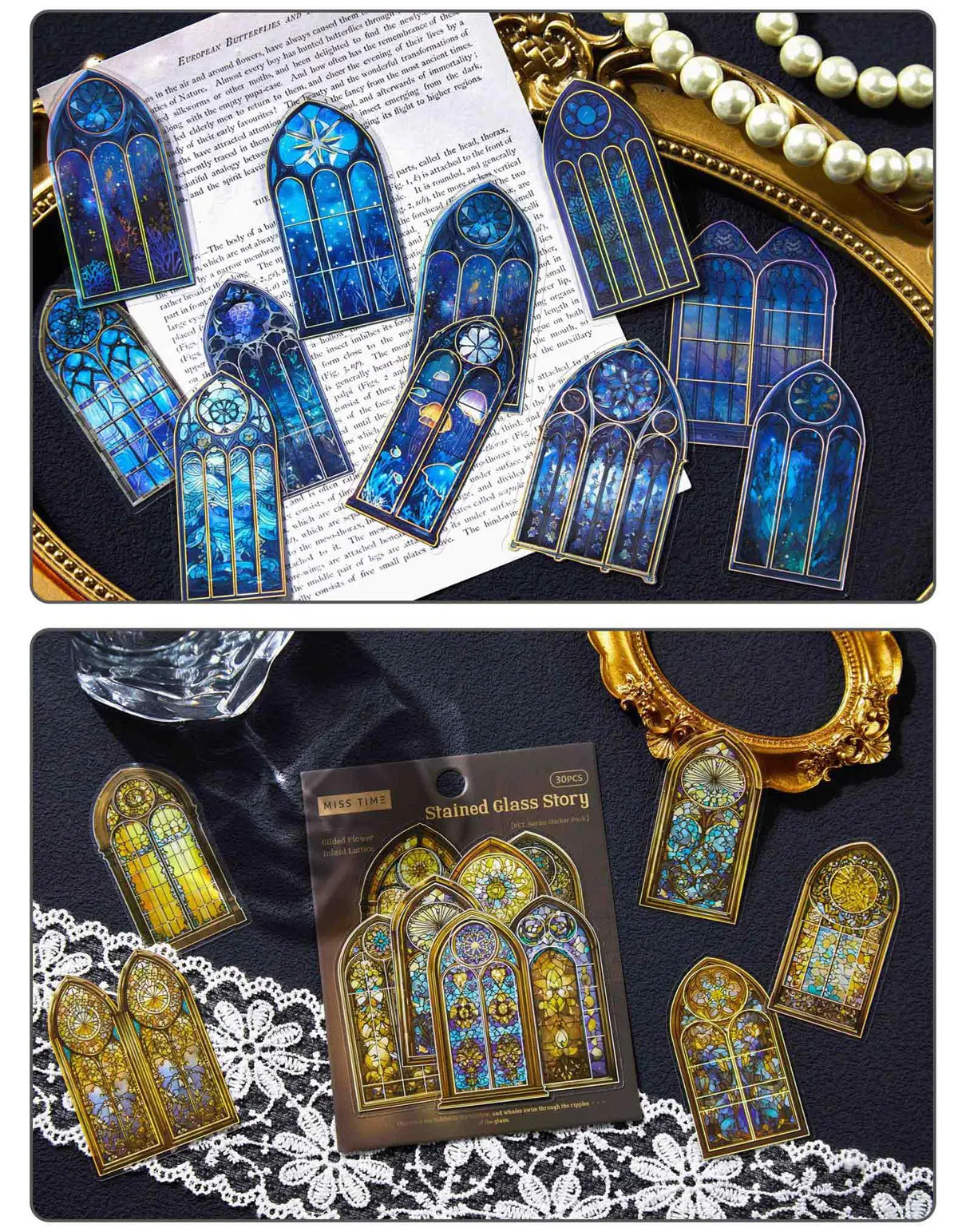 30pcs/1lot Kawaii Scrapbook Stickers The Tale of Color Windows Junk Journal Gold Planner Stationery Sticker Planner Decorative