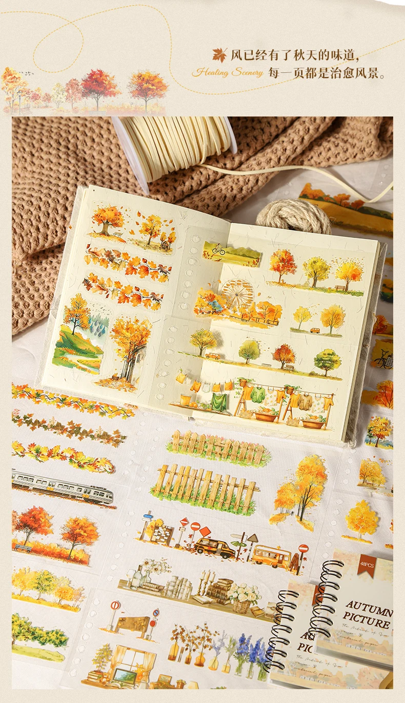 Journal GO 48pcs Autumn Picture Album Stickers Journal Diy Scrapbooking Supplies Diary Planner Album Aesthetic Stationery Decals