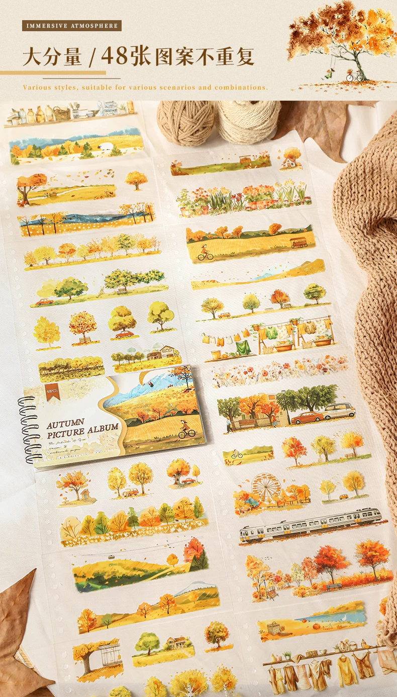 Journal GO 48pcs Autumn Picture Album Stickers Journal Diy Scrapbooking Supplies Diary Planner Album Aesthetic Stationery Decals
