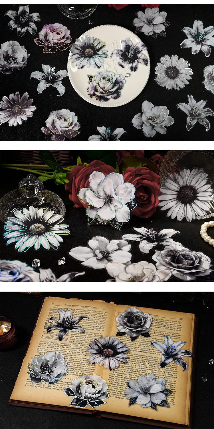 TIANZI 10pcs/pack Ink Dyed Flowers PET Stickers DIY Scrapbooking Materials Vintage Decorative Junk Journal Sticker Stationery
