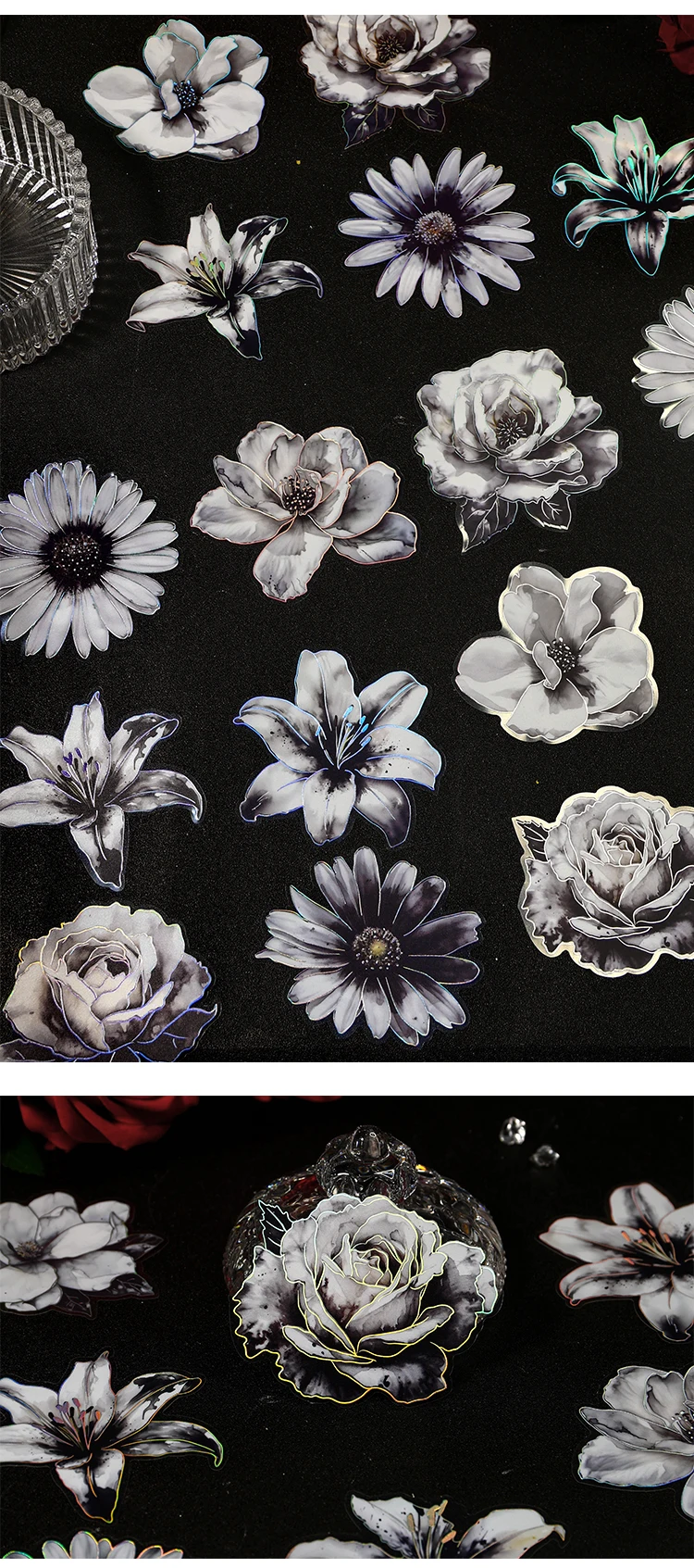TIANZI 10pcs/pack Ink Dyed Flowers PET Stickers DIY Scrapbooking Materials Vintage Decorative Junk Journal Sticker Stationery