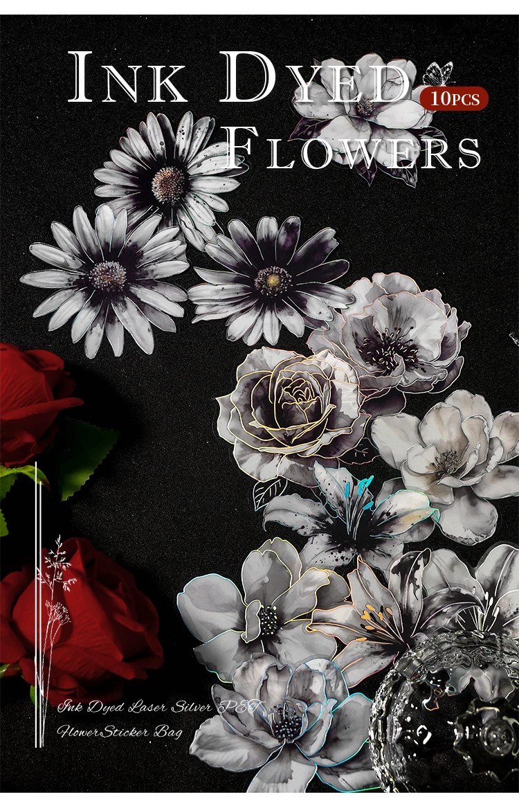 TIANZI 10pcs/pack Ink Dyed Flowers PET Stickers DIY Scrapbooking Materials Vintage Decorative Junk Journal Sticker Stationery